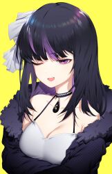 Rule 34 | 1girl, ;d, absurdres, arm under breasts, bare shoulders, black choker, black coat, black hair, bow, breasts, choker, cleavage, coat, colored inner hair, dress, fur-trimmed coat, fur trim, hair bow, highres, indie virtual youtuber, long hair, looking at viewer, medium breasts, multicolored hair, off shoulder, one eye closed, open clothes, open coat, open mouth, purple eyes, purple hair, ririsya, shinidei, short sidetail, simple background, smile, solo, streaked hair, upper body, virtual youtuber, white bow, white dress, yellow background