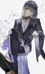 Rule 34 | 1boy, absurdres, aiguillette, bishounen, black eyes, black gloves, black hair, black pants, fate/grand order, fate (series), gloves, grey background, head tilt, head wreath, highres, invisible chair, crossed legs, looking at viewer, male focus, oberon (fate), oberon (overnight dream) (fate), official alternate costume, pants, simple background, sitting, smile, solo, spoilers, zhenxiao