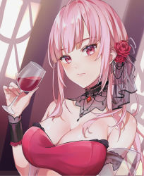 Rule 34 | 1girl, absurdres, alcohol, bad id, bad pixiv id, bare shoulders, black ribbon, blush, breasts, cleavage, cup, dress, drinking glass, flower, hair flower, hair ornament, highres, hololive, hololive english, iireidescent, large breasts, long hair, looking at viewer, mori calliope, mori calliope (party dress), open mouth, pink eyes, pink hair, red dress, ribbon, shadow, virtual youtuber, wine, wine glass