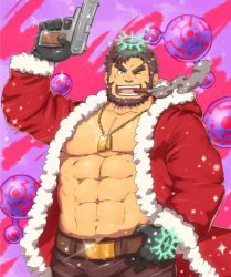 Rule 34 | 1boy, abs, alternate costume, bara, bare pectorals, beard, belt, brown belt, brown hair, brown pants, bulge, christmas, cigar, cowboy shot, ded (housamo), facial hair, forked eyebrows, gun, halo, highres, holding, holding gun, holding weapon, jewelry, large pectorals, looking at viewer, male focus, muscular, navel, necklace, one eye closed, pants, pectorals, santa costume, short hair, smile, solo, stomach, teeth, thick eyebrows, tokyo houkago summoners, weapon, yanutorie