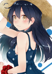 Rule 34 | 10s, 1girl, ahoge, black hair, blue one-piece swimsuit, blush, breasts, hand on headwear, hat, highres, kantai collection, kou mashiro, long hair, looking at viewer, one-piece swimsuit, polka dot, polka dot swimsuit, scrunchie, simple background, smile, solo, straw hat, striped, striped background, swimsuit, ushio (kancolle), wrist scrunchie