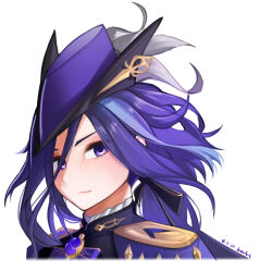 Rule 34 | 1girl, absurdres, brooch, clorinde (genshin impact), dated, genshin impact, hat, highres, jewelry, long hair, looking at viewer, portrait, purple eyes, purple hair, purple hat, simple background, solo, szei, tricorne, white background