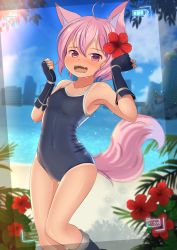 Rule 34 | 1girl, absurdres, ahoge, animal ears, beach, blurry, blurry background, blush, commentary, competition school swimsuit, day, english commentary, fangs, fingerless gloves, flower, fox ears, fox tail, gloves, hair flower, hair ornament, hibiscus, highres, hotel01, looking at viewer, one-piece tan, open mouth, original, outdoors, pink eyes, pink hair, school swimsuit, short hair, solo, standing, swimsuit, tail, tan, tanline