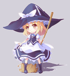Rule 34 | 1girl, bad id, bad pixiv id, bamboo broom, blonde hair, blush, boots, broom, chibi, dress, female focus, full body, grey background, hat, highres, hopeless masquerade, kirisame marisa, looking at viewer, shiitake (mm0820), short hair, simple background, solo, touhou, witch hat, yellow eyes