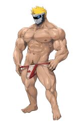 Rule 34 | 1boy, ^ ^, abs, artificial eye, bara, blonde hair, bulge, canadian flag print, closed eyes, commission, erection, erection under clothes, full body, highres, indie virtual youtuber, large pectorals, male focus, male pubic hair, male underwear, mask, masked himbo (silvyspark), mechanical eye, muscular, muscular male, navel, navel hair, nipples, original, pectorals, print male underwear, pubic hair, pubic hair peek, red male underwear, shiny skin, short hair, solo, standing, stomach, tamazukiyama, testicle peek, thick thighs, thighs, topless male, underwear, virtual youtuber