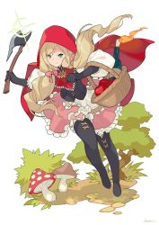 Rule 34 | 1girl, apple, axe, basket, black footwear, black gloves, blonde hair, boots, bow, closed mouth, food, fruit, full body, gloves, green eyes, hair bow, hatchet (axe), highres, holding, holding axe, hood, hood up, kotatsu (g-rough), little red riding hood, little red riding hood (grimm), looking at viewer, low twintails, mushroom, pink bow, pink skirt, red apple, simple background, skirt, smile, smug, solo, thigh boots, twintails, white background