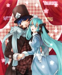 Rule 34 | 1boy, 1girl, alice (alice in wonderland), alice (alice in wonderland) (cosplay), alice in wonderland, apron, bad id, bad pixiv id, blue dress, blue scarf, bow, cosplay, crossover, dress, green eyes, green hair, hatsune miku, kaito (vocaloid), kanmi, mad hatter (alice in wonderland), scarf, twintails, vocaloid