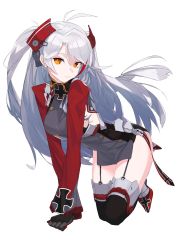 Rule 34 | 1girl, :3, absurdres, all fours, aoiro (t aoiro123), azur lane, breasts, commentary request, cross, garter straps, gloves, grey hair, highres, iron cross, long hair, long sleeves, looking at viewer, multicolored hair, prinz eugen (azur lane), red hair, sideboob, smile, solo, streaked hair, thighhighs, twintails, very long hair, white background, yellow eyes