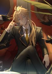 Rule 34 | 1boy, aether (genshin impact), alternate costume, alternate hairstyle, blonde hair, corrupted twitter file, crossed legs, cup, drinking glass, earrings, genshin impact, ha ze, highres, jewelry, looking at viewer, male focus, necktie, picture frame, red necktie, single earring, solo, uniform, wine glass, yellow eyes