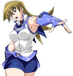 Rule 34 | 1girl, absurdres, bare legs, bare shoulders, blonde hair, breasts, elbow gloves, female focus, fingerless gloves, gloves, highres, large breasts, long hair, looking at viewer, miniskirt, obelisk blue uniform, official art, open mouth, reaching, reaching towards viewer, serious, shiny clothes, shiny skin, shirt, skirt, solo, tenjouin asuka, transparent background, very long hair, wide hips, yellow eyes, yu-gi-oh!, yu-gi-oh! gx