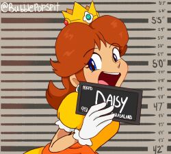 Rule 34 | 1girl, barbie (franchise), barbie (live action), barbie mugshot (meme), blue eyes, breasts, bubblepopspit, character name, crown, dress, earrings, flower earrings, gloves, grin, holding, jewelry, looking at viewer, mario (series), medium breasts, mugshot, nintendo, orange dress, princess daisy, puffy short sleeves, puffy sleeves, short sleeves, smile, super mario land, tomboy, upper body
