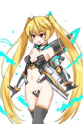 Rule 34 | 1girl, blonde hair, breasts, du007 nute, fang, fang out, highres, long hair, mecha musume, mechanical parts, mechanical wings, midriff, navel, open mouth, red eyes, serin199, small breasts, soccer spirits, solo, strapless bottom, thighhighs, twintails, very long hair, wings