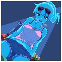 Rule 34 | 1girl, bird, blue eyes, blue skin, breasts, breath, colored skin, female focus, ghost, heart, heart-shaped pupils, highres, mibushido (milking), midriff, monster girl, monster prom, navel, open mouth, penguin, polly geist, shirt, short shorts, shorts, solo, strap slip, sunglasses on head, symbol-shaped pupils, tied shirt