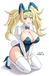 Rule 34 | 1girl, animal ears, bare shoulders, black leotard, blonde hair, blue eyes, blush, bow, bowtie, breasts, cleavage, dated, detached collar, fake animal ears, gambier bay (kancolle), hair between eyes, hairband, highres, kantai collection, kishi nisen, large breasts, leotard, long hair, looking at viewer, open mouth, playboy bunny, rabbit ears, signature, sitting, solo, strapless, strapless leotard, thighhighs, twintails, wariza, white thighhighs, wrist cuffs