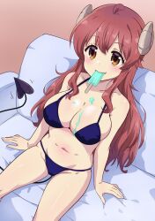 Rule 34 | 1girl, bikini, breasts, brown eyes, brown hair, cleavage, couch, demon girl, demon horns, demon tail, food, food in mouth, food on body, food on breasts, highres, horns, ice cream, indoors, large breasts, light blush, long hair, machikado mazoku, mukaibi aoi, popsicle, popsicle in mouth, solo, swimsuit, tail, yoshida yuuko (machikado mazoku)