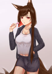 Rule 34 | 1girl, absurdres, akagi (azur lane), alternate costume, alternate hairstyle, animal ears, azur lane, breasts, brown hair, candy, casual, chinese commentary, collarbone, commentary request, contemporary, eyes visible through hair, eyeshadow, food, fox ears, fox girl, fox tail, gradient background, grey background, hand in pocket, highres, holding, holding candy, holding food, holding lollipop, ichikushi mojibake, jersey, kitsune, kyuubi, lollipop, long hair, looking at viewer, makeup, medium breasts, multicolored hair, multiple tails, parted lips, red eyes, revision, saliva, saliva trail, short hair with long locks, shorts, sidelocks, signature, simple background, solo, sweat, tail, two-tone hair