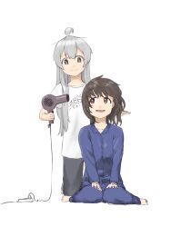 Rule 34 | 2girls, :d, ahoge, barefoot, black hair, black pants, blue pajamas, brown eyes, clothes writing, commentary, drying, drying hair, extension cord, full body, grey hair, hair down, hair dryer, hands on own knees, hashtag-only commentary, highres, kneeling, long hair, long sleeves, medium hair, multiple girls, nijiiro unico, onii-chan wa oshimai!, open mouth, oyama mahiro, oyama mihari, pajamas, pants, shirt, short sleeves, siblings, simple background, sisters, sitting, smile, t-shirt, wariza, white background, white shirt