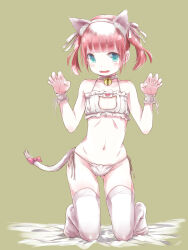 Rule 34 | 1girl, animal ears, bell, bra, cat cutout, cat ears, cat lingerie, cat tail, choker, claw pose, cleavage cutout, clothing cutout, frilled bra, frills, green eyes, highres, jingle bell, kowiru, meme attire, navel, neck bell, original, panties, red hair, revision, short hair, side-tie panties, solo, tail, thighhighs, underwear, underwear only, white bra