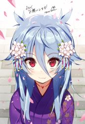 Rule 34 | 1girl, :3, artist name, bell, blue hair, blush, eyebrows, fang, floral print, flower, from above, hair flaps, hair flower, hair ornament, japanese clothes, jingle bell, kimono, long hair, looking at viewer, looking up, nanoka no kuigami, nauribon, red eyes, solo, tattoo, translation request