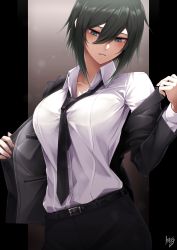 Rule 34 | 1girl, absurdres, belt, belt buckle, black hair, black jacket, black necktie, breasts, brown background, buckle, collared shirt, cowboy shot, dress shirt, gradient background, green eyes, highres, jacket, large breasts, long sleeves, looking down, necktie, off shoulder, office lady, open clothes, open jacket, original, parted lips, shirt, short hair, signature, smile, solo, steaming body, takagi mitsukuni, undressing, wing collar