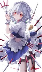 Rule 34 | 1girl, apron, blue dress, blue nails, braid, breasts, commentary, dress, eyelashes, frilled apron, frills, green ribbon, hair between eyes, holding, holding knife, holster, izayoi sakuya, knife, knife sheath, knife sheath, long hair, looking at viewer, maid, maid apron, medium breasts, nail polish, open mouth, pocket watch, puffy short sleeves, puffy sleeves, red eyes, ribbon, sakizaki saki-p, sash, sheath, short sleeves, simple background, solo, thigh holster, touhou, twin braids, waist apron, watch, weapon, white apron, white background, white hair, white sash, wrist cuffs