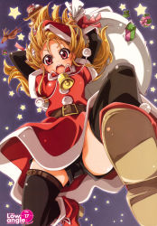 Rule 34 | 1girl, absurdres, artbook, bell, belt, black thighhighs, blonde hair, blush, boots, dress, gift, hat, highres, long hair, mikage (curry berg dish), nail polish, open mouth, red eyes, sack, santa costume, santa hat, short dress, short shorts, shorts, shorts under skirt, sleigh, solo, thighhighs, upskirt