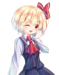 Rule 34 | 1girl, ascot, blonde hair, blush, eyebrows, hair ribbon, hand on own cheek, hand on own face, one eye closed, open mouth, red eyes, ribbon, rumia, short hair, solo, touhou, upper body, white background, z.o.b