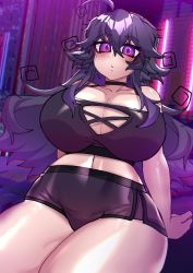 Rule 34 | 1girl, :o, absurdres, ahoge, bare shoulders, black choker, blush, breasts, choker, city, cityscape, cleavage, curvy, highres, huge breasts, lewdweather, long hair, looking at viewer, nyarla (osiimi), original, osiimi, purple eyes, purple hair, sidelocks, sitting, solo, thick thighs, thighs, wide hips