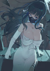 Rule 34 | 1girl, absurdres, bare shoulders, black hair, black mask, blue archive, blue eyes, blunt bangs, blurry, breasts, choker, cleavage, commentary, cowboy shot, depth of field, dress, elbow gloves, gloves, halo, highres, holding, holding knife, huaano, knife, large breasts, long hair, mask, mouth mask, ponytail, saori (blue archive), saori (dress) (blue archive), sidelocks, solo, strapless, strapless dress, white choker, white dress, white gloves, white halo