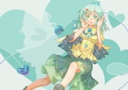 Rule 34 | blouse, collared shirt, frilled skirt, frilled sleeves, frills, green eyes, green skirt, hair ornament, hairclip, hands on own face, heart, heart of string, komeiji koishi, layered skirt, long sleeves, looking at viewer, no headwear, no headwear, open mouth, shirt, short hair, silver hair, skirt, solo, suo niao, third eye, touhou, wide sleeves, yellow shirt