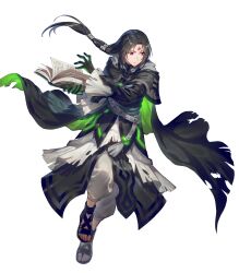 Rule 34 | 1boy, attack, black cape, black gloves, black hair, book, cape, facial mark, fire emblem, fire emblem: path of radiance, fire emblem heroes, forehead mark, gloves, glowing, green cape, green eyes, highres, holding, holding book, long hair, multicolored cape, multicolored clothes, nintendo, non-web source, official altenate costume, official art, ponytail, sandals, solo, soren (fire emblem), soren (resplendent) (fire emblem), torn cape, torn clothes, torn sleeves