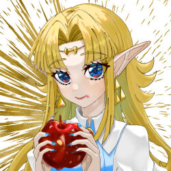 Rule 34 | 1girl, aoi (zelda0616), apple, blonde hair, blue eyes, blue nails, brooch, candy apple, collared shirt, emphasis lines, eyelashes, food, food on face, fruit, holding, holding food, holding fruit, jewelry, long hair, looking at viewer, nintendo, pointy ears, princess zelda, red apple, shirt, smile, solo, the legend of zelda, the legend of zelda: a link to the past, triforce earrings, upper body, white background