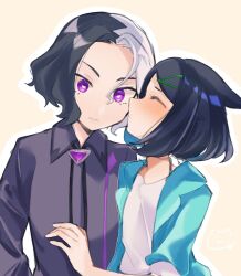 Rule 34 | 1boy, 1girl, amethio (pokemon), black hair, blush, closed eyes, closed mouth, collared shirt, commentary request, cowlick, creatures (company), eyelashes, game freak, green jacket, hair between eyes, hair ornament, hairclip, hetero, highres, jacket, kiss, liko (pokemon), nintendo, open clothes, open jacket, outline, pokemon, pokemon (anime), pokemon horizons, purple eyes, shirt, ukocome, white shirt, yellow background