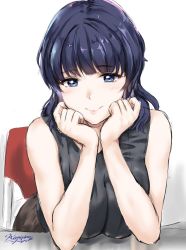 Rule 34 | 1girl, artist name, artist request, asaka karin, bare shoulders, black shirt, blue eyes, blue hair, blush, breasts, brown pants, chair, collarbone, dark blue hair, elbow on table, female focus, hair over shoulder, half-closed eyes, hands on chin, hands on own chin, highres, kamishiro ryuu, large breasts, looking at viewer, love live!, love live! nijigasaki high school idol club, medium hair, pants, parted lips, shirt, short hair, sleeveless, sleeveless shirt, smile, solo, table, white background
