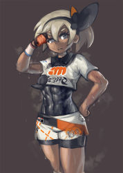 Rule 34 | 1girl, abs, bea (pokemon), brown background, covered navel, cowboy shot, creatures (company), dark-skinned female, dark skin, female focus, frown, game freak, gloves, grey eyes, grey hair, gym leader, hairband, hand on own hip, kneeband, looking at viewer, muscular, muscular female, nintendo, pokemon, pokemon swsh, ribbon, short hair, short sleeves, shorts, simple background, single glove, skin tight, solo, standing, steam, sweat, thick eyebrows, thighs, toned, unitard, wristband, yilx