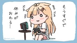 Rule 34 | 1girl, alternate costume, blonde hair, blush, chibi, controller, game console, game controller, hair flaps, hair ornament, hair ribbon, hairclip, holding, holding controller, kantai collection, long hair, nintendo switch, o o, open mouth, poipoi purin, ribbon, shirt, shorts, simple background, sitting, solo, t-shirt, table, torpedo, translation request, twitter username, yuudachi (kancolle), yuudachi kai ni (kancolle), zzz