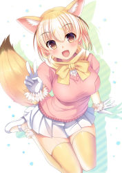 Rule 34 | 10s, 1girl, :d, animal ears, blonde hair, blush, breasts, brown hair, fennec (kemono friends), fox ears, fox tail, gloves, hair between eyes, head tilt, highres, kemono friends, large breasts, looking at viewer, multicolored hair, open mouth, pink sweater, pleated skirt, puffy short sleeves, puffy sleeves, shoes, short sleeves, silhouette, sitting, skirt, smile, solo, sweater, tail, thighhighs, two-tone hair, umitonakai, v, white footwear, white gloves, white skirt, yellow thighhighs