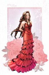 Rule 34 | 1girl, aerith gainsborough, aerith gainsborough (red dress), armlet, bare shoulders, breasts, cleavage, dated, dress, final fantasy, final fantasy vii, final fantasy vii remake, flamenco dress, floral background, flower, full body, hair flower, hair ornament, hair ribbon, highres, kay-i, long dress, long hair, looking at viewer, medium breasts, official alternate costume, parted bangs, parted lips, ponytail, red dress, red flower, red ribbon, red rope, ribbon, ringlets, rope, sidelocks, sleeveless, sleeveless dress, solo, square enix, strapless, strapless dress, twitter username, wall market