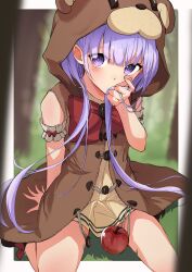 Rule 34 | 1girl, animal ears, animal hood, apple, arm cuffs, bear ears, bear hood, blurry, blurry background, blurry foreground, blush, bow, bowtie, covering own mouth, dress, food, forest, framed, fruit, hair between eyes, hair over mouth, hand over own mouth, highres, hood, kootee-on, legs, long hair, looking at viewer, nature, new game!, purple eyes, purple hair, red apple, sitting, solo, suzukaze aoba, tree, wariza