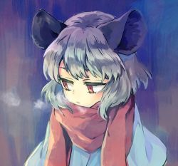 Rule 34 | 1girl, animal ears, blue capelet, breath, capelet, commentary request, grey hair, mouse ears, mouse girl, nazrin, red scarf, scarf, short hair, sideways glance, solo, tomobe kinuko, touhou, upper body