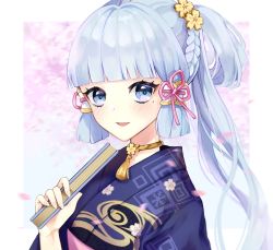 Rule 34 | 1girl, :d, ayaka (genshin impact), bad id, bad pixiv id, blunt bangs, blurry, braid, cherry blossoms, choker, commentary request, depth of field, eyeshadow, folding fan, genshin impact, grey eyes, hair ornament, hand fan, highres, holding, japanese clothes, kimono, long hair, looking at viewer, makeup, mole, mole under eye, open mouth, petals, ponytail, ria (yfvv ria), sidelocks, silver hair, single braid, smile, solo, wind