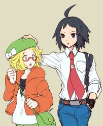 Rule 34 | 1boy, 1girl, adjusting another&#039;s clothes, adjusting clothes, adjusting headwear, bag, bianca (pokemon), black hair, blonde hair, blue eyes, breast pocket, cheren (pokemon), collared shirt, creatures (company), game freak, green eyes, hand in pocket, hat, highres, looking at another, necktie, nintendo, open mouth, pocket, pokemon, pokemon bw2, shirt, xtransceiver, yo mo