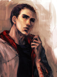 Rule 34 | 1boy, arm tattoo, assassin&#039;s creed (series), bad id, bad pixiv id, brown hair, desmond miles, hood, hood down, hoodie, male focus, open clothes, open hoodie, scar, scar on face, scar on mouth, solo, tattoo, yuki (yuhzen)