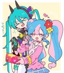 Rule 34 | &gt; &lt;, 2girls, aqua hair, black gloves, black horns, blue eyes, blue hair, blue skirt, border, cellphone, choker, closed eyes, commentary, creatures (company), curly hair, double bun, dragon miku (project voltage), fairy miku (project voltage), fake horns, fangs, flower, flying sweatdrops, game freak, gloves, hair bun, hair flower, hair ornament, hand up, hatsune miku, heart, heart choker, highres, holding, holding phone, horns, long hair, long sleeves, multicolored hair, multiple girls, nail polish, neckerchief, nintendo, notice lines, op na yarou, open mouth, outstretched arm, phone, pink choker, pink hair, pink nails, pink sweater, plaid, plaid skirt, pokemon, project voltage, red flower, scrunchie, sidelocks, skirt, smartphone, smile, sweater, symbol-only commentary, taking picture, twintails, two-tone hair, v, very long hair, vocaloid, white border, white neckerchief, wrist scrunchie, yellow flower, yellow scrunchie