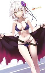 Rule 34 | 1girl, ahoge, bare shoulders, belt, bikini, blush, breasts, cleavage, collarbone, fate/grand order, fate (series), flower, gluteal fold, hair flower, hair ornament, jeanne d&#039;arc (fate), jeanne d&#039;arc alter (avenger) (fate), jeanne d&#039;arc alter (fate), jewelry, knife, large breasts, looking at viewer, navel, necklace, ohta yuichi, purple bikini, short hair, solo, swimsuit, white hair, yellow eyes
