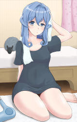 Rule 34 | 1girl, alternate costume, bed, bedroom, blue eyes, blue hair, blue shirt, blush, breasts, closed mouth, gotland (kancolle), hair between eyes, hair dryer, highres, kantai collection, kodama (user rnfr3534), long hair, looking at viewer, mole, mole under eye, sheep, shirt, sitting, sleepwear, small breasts, solo, towel, toy, wariza