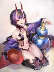 Rule 34 | 1girl, :d, alcohol, armor, armored boots, bare shoulders, black thighhighs, blue gemstone, blunt bangs, blush, boots, bowl, breasts, collarbone, fate/grand order, fate (series), from above, gem, headpiece, highres, holding, holding bowl, horns, japanese clothes, jug (bottle), kimono, liquid, looking at viewer, looking up, navel, off shoulder, open clothes, open kimono, open mouth, purple eyes, purple hair, revealing clothes, sake, seiza, short hair, shuten douji (fate), sitting, small breasts, smile, solo, stomach, taishi (picchiridou), thigh boots, thighhighs