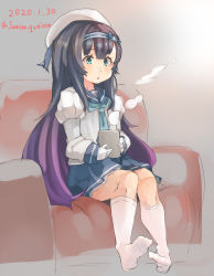 Rule 34 | 1girl, black hair, blue neckerchief, blue ribbon, blue sailor collar, blue skirt, buttons, commentary request, couch, cup, dated, gloves, gradient hair, green eyes, grey background, hat, highres, jamiro quaison, kantai collection, kneehighs, long hair, long sleeves, matsuwa (kancolle), mug, multicolored hair, neckerchief, one-hour drawing challenge, pleated skirt, purple hair, ribbon, sailor collar, sailor hat, school uniform, serafuku, sitting, skirt, socks, solo, steam, twitter username, white gloves, white hat, white socks