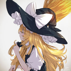 Rule 34 | 1girl, bare arms, black bow, black vest, blonde hair, bow, braid, broom, closed eyes, closed mouth, frilled hat, frilled sleeves, frills, from side, grey background, hair bow, hand up, hat, hat bow, holding, holding hair, kirisame marisa, long hair, over shoulder, parted bangs, profile, short sleeves, side braid, signature, simple background, single braid, solo, takami masahiro, touhou, upper body, vest, watermark, web address, white bow, witch hat