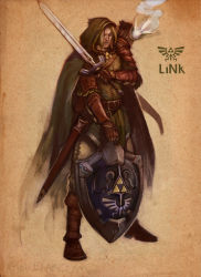 Rule 34 | 1boy, armor, blonde hair, cape, fairy, gauntlets, gloves, hood, hylian shield, leather, leather gloves, link, male focus, manly, master sword, navi, nintendo, pauldrons, scabbard, sheath, shield, shoulder armor, sword, the legend of zelda, the legend of zelda: ocarina of time, weapon